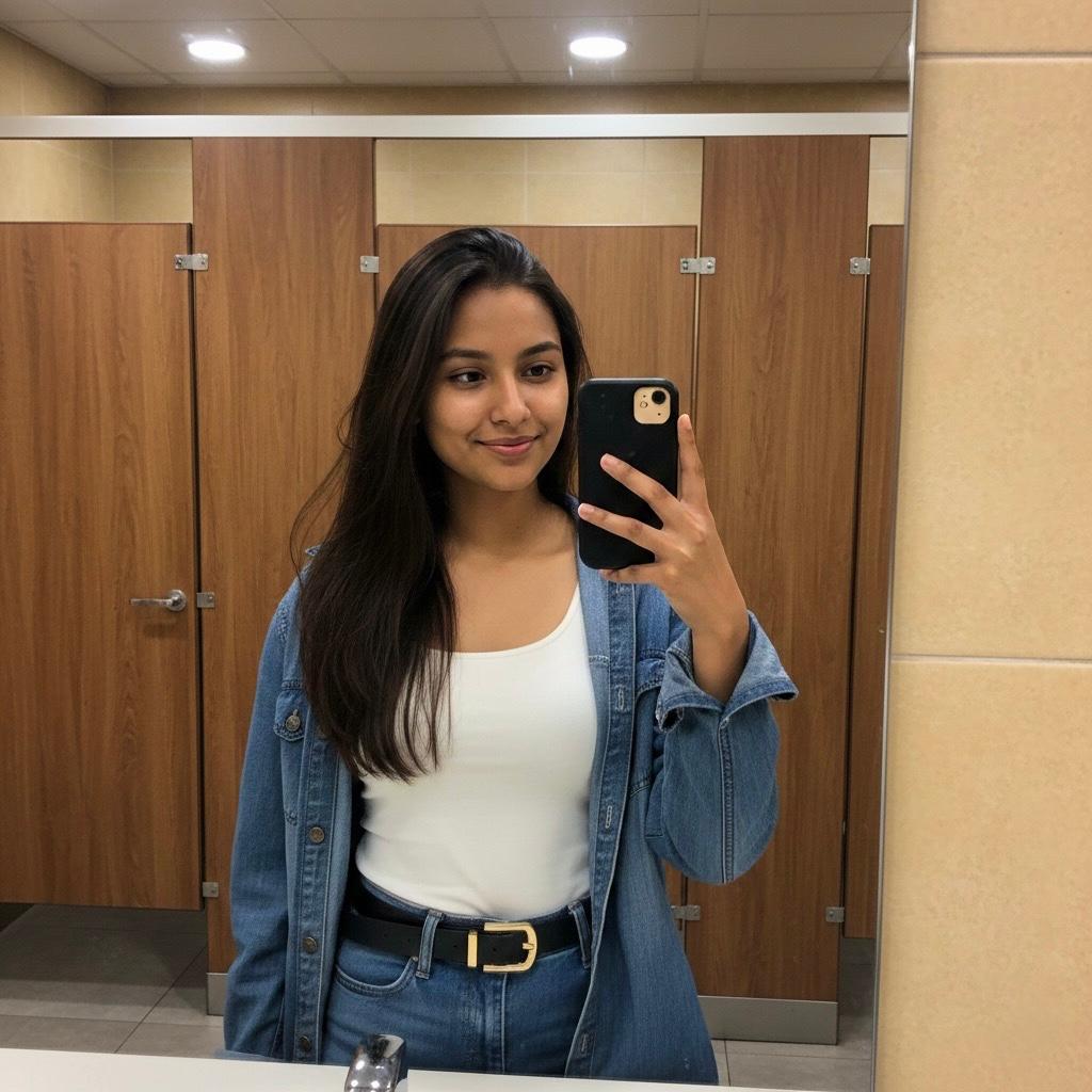 A mirror selfie taken in a restroom with wooden cubicles in the background, used as a visual section for the Call Girl in Dwarka and Dwarka Call Girl Number information page