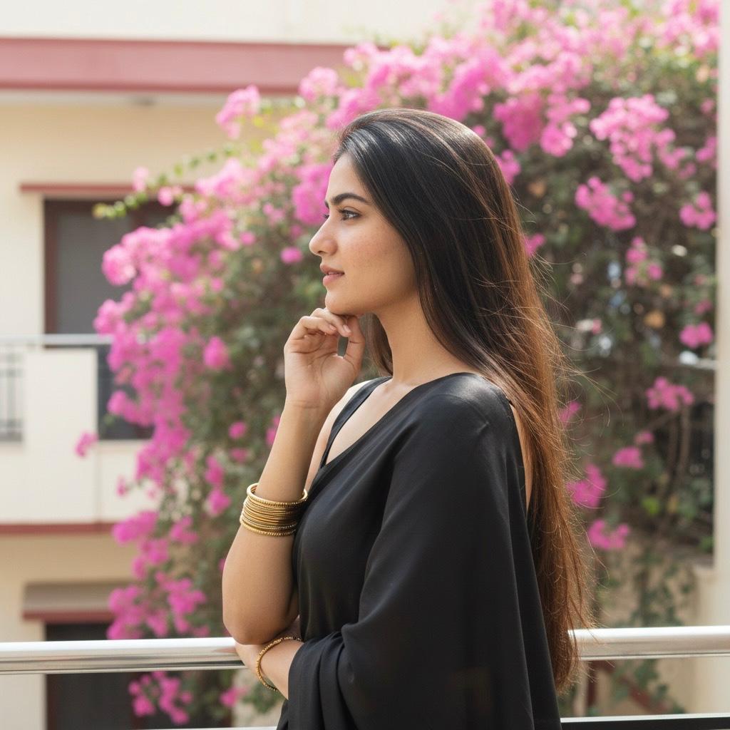 Side-profile portrait of a woman standing on a balcony with pink flowers in the background, used as a visual section for Independent Escort in Dwarka and Escort Service in Dwarka Delhi information page