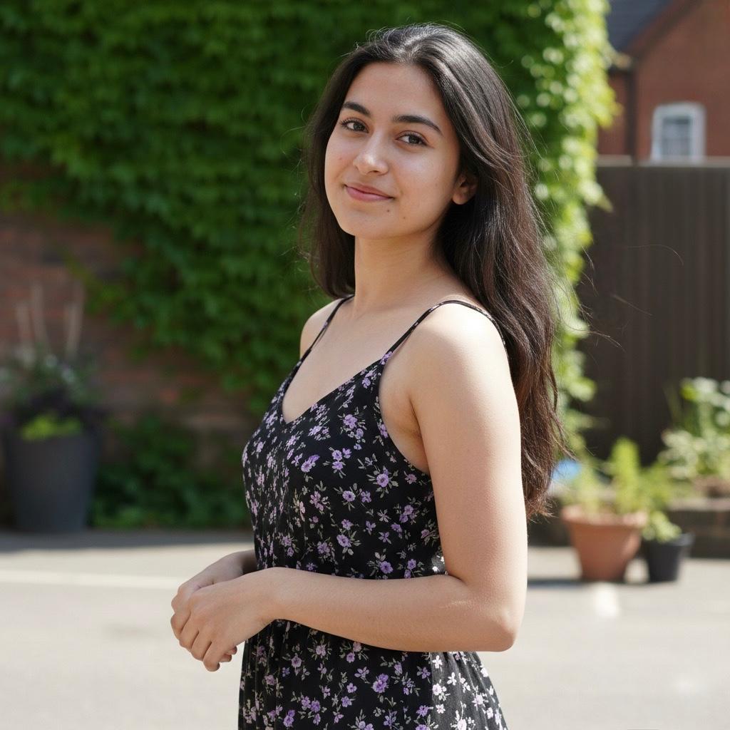 A woman standing outdoors in natural sunlight with greenery in the background, used as a visual section for a escort service in dwarka delhi