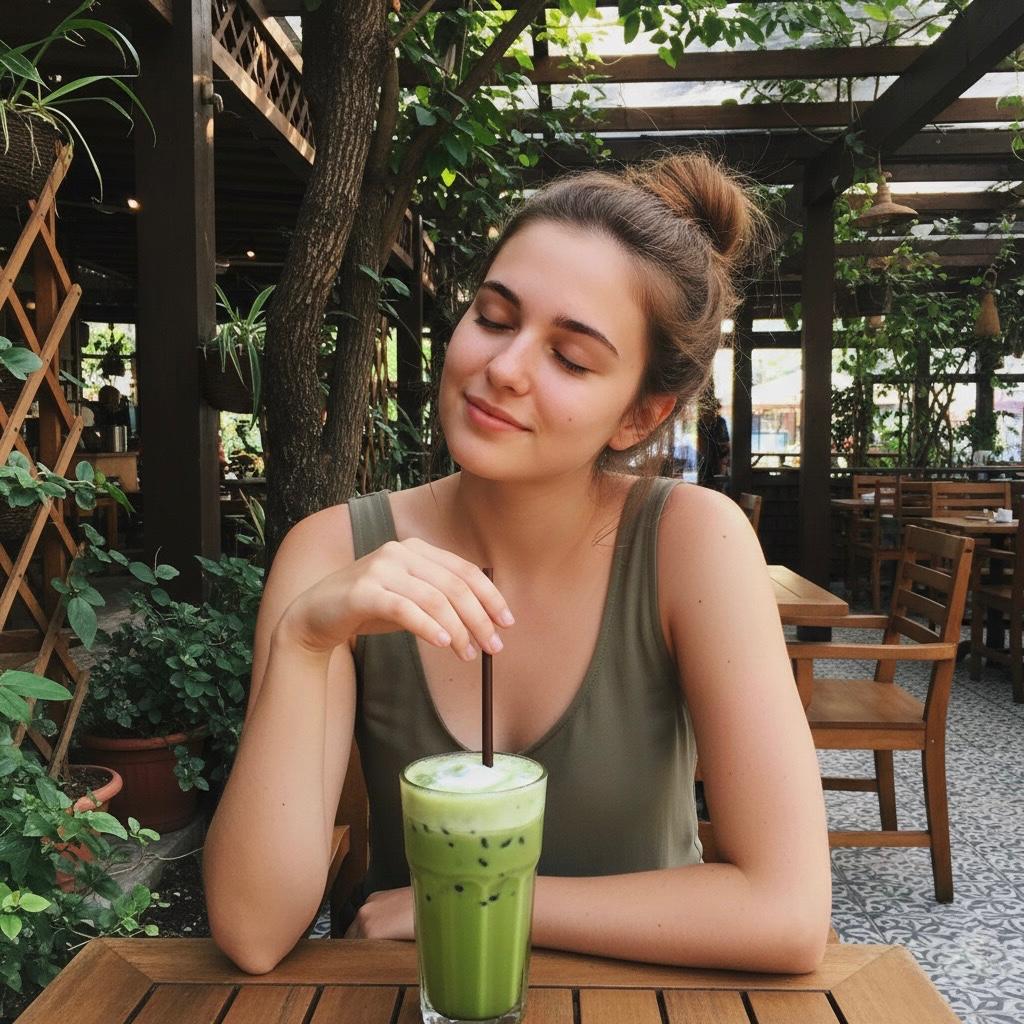 A woman enjoying a drink at an outdoor café surrounded by greenery, used as a visual section for a dwarka escort service website