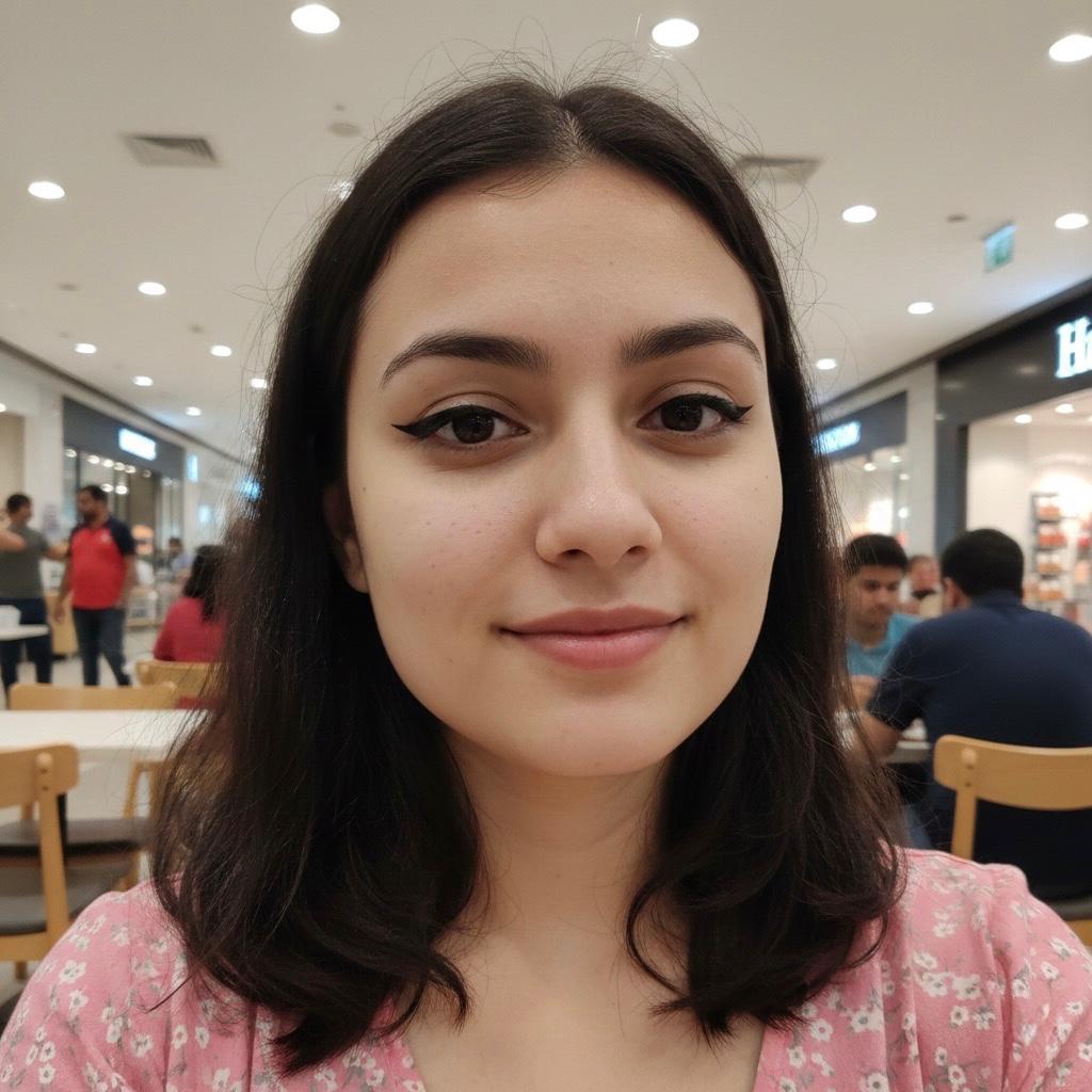 A woman taking a selfie inside a shopping mall with people and shops in the background, used as a visual section for a call girl in dwarka service website